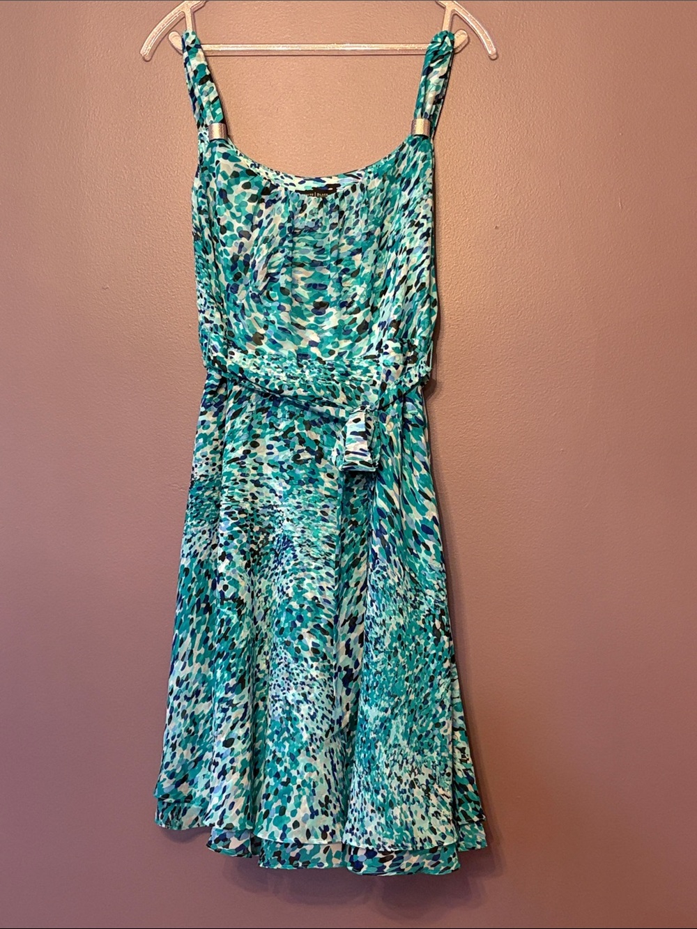 White House Black Market Aqua & Teal Printed Belted Midi Dress